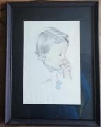 Duimend kind. Ingekleurde potloodtekening. Ca'40/'60., Antiek en Kunst, Ophalen