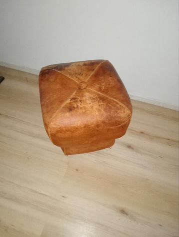 Vintage Leren Poef - Cognac Bruin beschikbaar voor biedingen