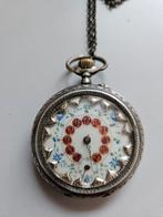 Zakhorloge zilver antiek met ketting, Gebruikt, Overige voorstellingen, Ophalen of Verzenden, Zilver