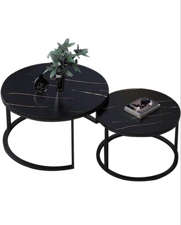 Tweedelige Ronde Salontafelset – Zwart Marmer Look (Glas) beschikbaar voor biedingen