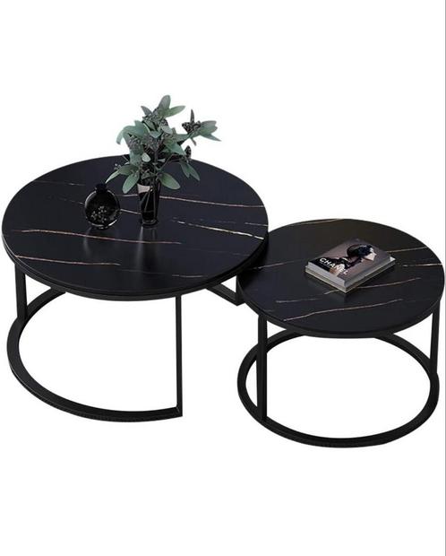 Tweedelige Ronde Salontafelset – Zwart Marmer Look (Glas), Huis en Inrichting, Tafels | Salontafels, Zo goed als nieuw, Minder dan 50 cm