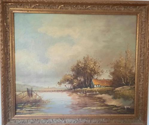 Olieverf schilderij op doek boerderij aan het water, Huis en Inrichting, Woonaccessoires | Schilderijen, Tekeningen en Foto's
