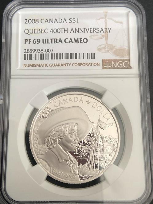 2008 Canada $1 Quebec NGC PF 69 Ultra Cameo, Postzegels en Munten, Munten | Amerika, Losse munt, Zilver, Ophalen of Verzenden