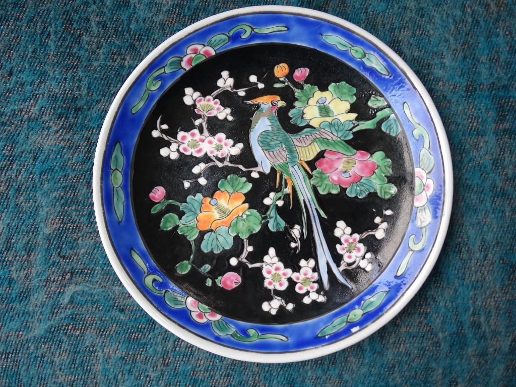 Bordje famille noir vogel met bloemen en takken blauw zwart, Ophalen