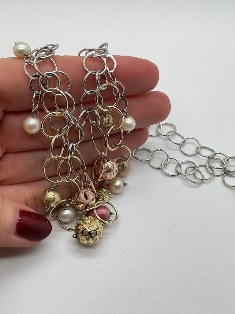 C7 Prachtige zilveren ketting tricolor parel kralen, Ophalen of Verzenden, X, Zilver, Zilver