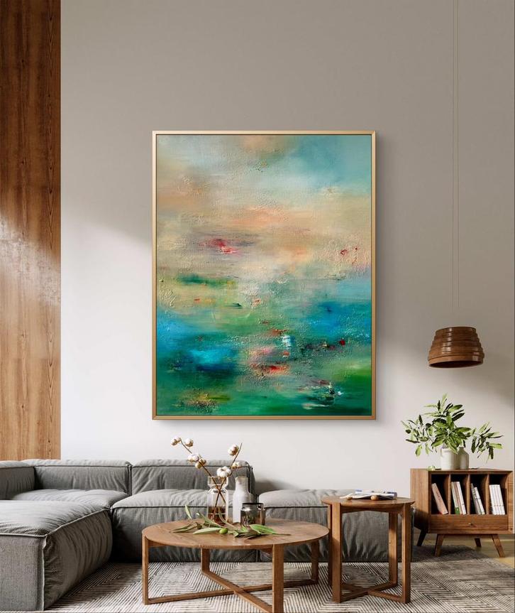 Abstract landschap met structuur en goud – 70x90 cm, Antiek en Kunst, Kunst | Schilderijen | Abstract, Ophalen
