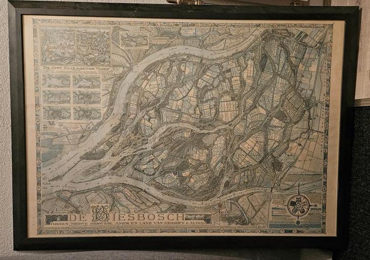 Grote Oude Landkaart van de Biesbosch +/_ 110x75cm, Huis en Inrichting, Woonaccessoires | Overige, Zo goed als nieuw, Ophalen