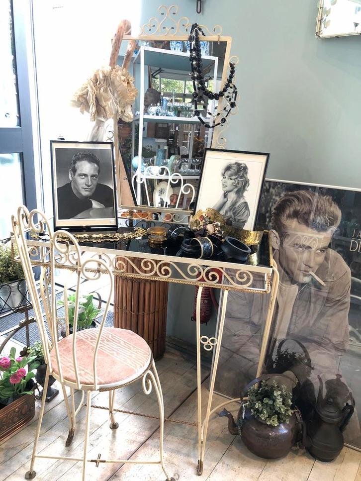 Vintage kaptafel jaren ‘50/‘60 met stoel smeedijzer glas, Huis en Inrichting, Tafels | Kaptafels, Gebruikt, Minder dan 100 cm