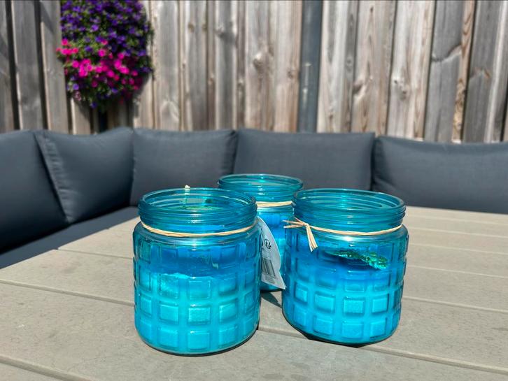 4 citronella kaarsen in glas Paula blauw 20 uur D 11 H 12 cm, Huis en Inrichting, Woonaccessoires | Kandelaars en Kaarsen, Nieuw