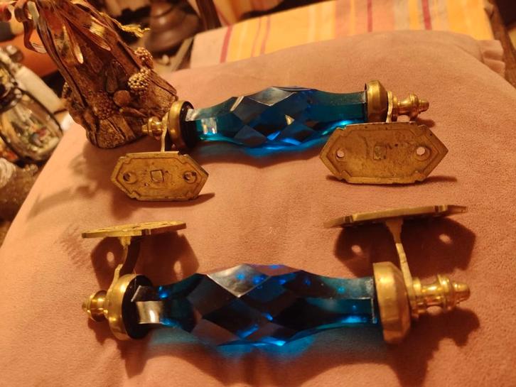 Luxe kristallen deurgrepen - kobaltblauw glas - set van 2, Antiek en Kunst, Antiek | Koper en Brons, Ophalen of Verzenden