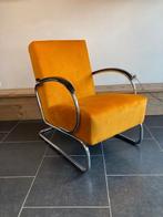 Gispen 407 fauteuil, chroom, nieuwe okergele ribstof, Design, 75 tot 100 cm, Zo goed als nieuw, Metaal