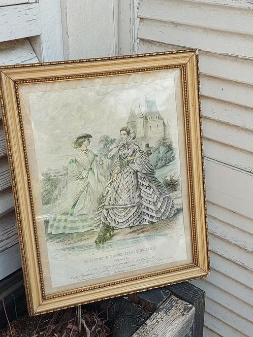 Prachtige oude Franse lijst met mode prent dames, Antiek en Kunst, Curiosa en Brocante, Ophalen of Verzenden