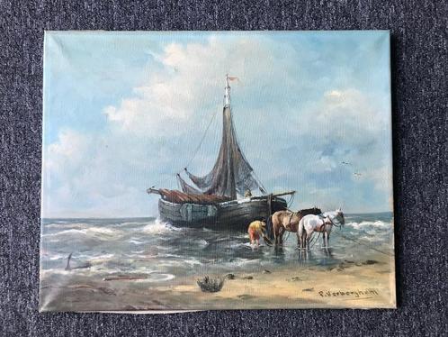 Schilderij P. Verberghem Bomschuit Zee Paarden Strand Schip, Antiek en Kunst, Kunst | Schilderijen | Klassiek, Ophalen of Verzenden
