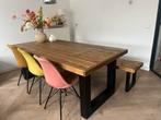 Massief eiken houten eettafel met bijpassend bankje +stoelen, Ophalen, 200 cm of meer, 50 tot 100 cm, Zo goed als nieuw