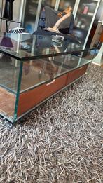 Zware glazen design woonkamer tafel met twee schuif lades, Ophalen, Gebruikt, 100 tot 150 cm, Ducoso