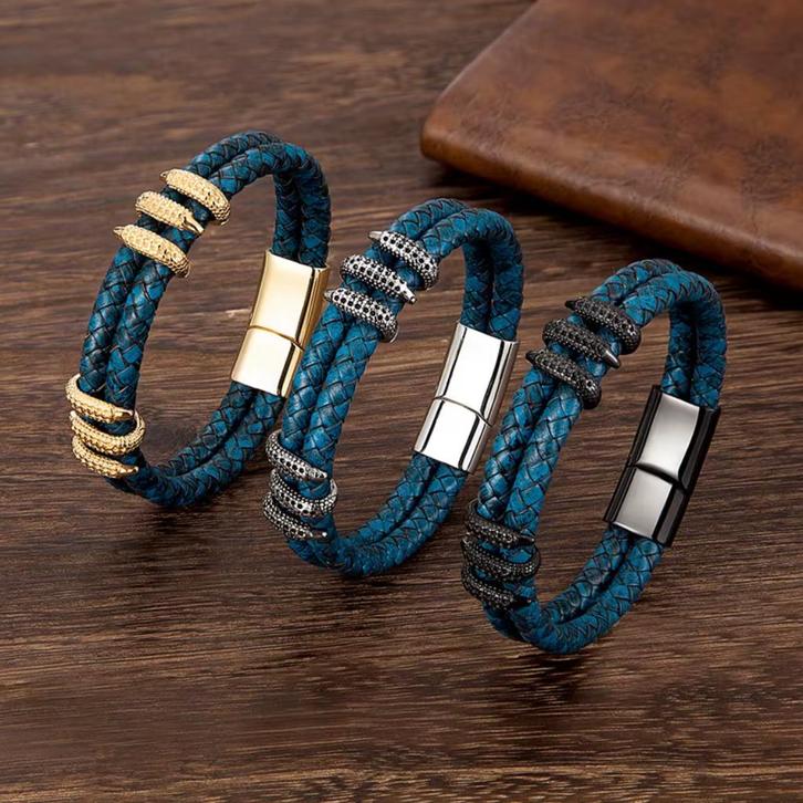 Blauwe Dubbele Leren Armband Voor Dames En Heren, Sieraden, Tassen en Uiterlijk, Armbanden, Nieuw, Leer, Blauw, Verzenden