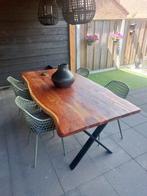 Boomstam tafel met zwarte x poten, Tuin en Terras, Ophalen, Gebruikt, Rechthoekig