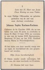 Johanna S. Koelman 1888 Spaarnedam + 1955 Den Haag, Verzamelen, Verzenden, Bidprentje