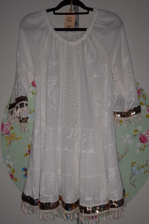 NIEUW BOHO Tuniek Jurkje witte katoen gouden biezen 40 42, Kleding | Dames, Blouses en Tunieken, Nieuw, Maat 38/40 (M), Wit, Ophalen of Verzenden