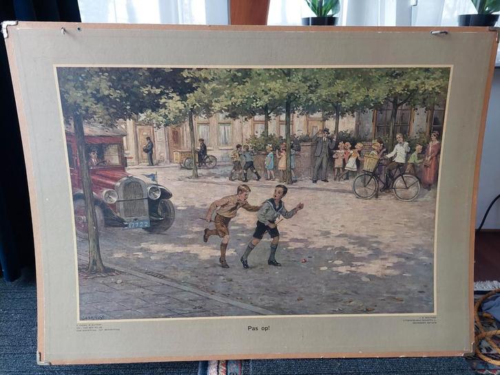 Oude Schoolplaat - Pas Op!, Antiek en Kunst, Kunst | Schilderijen | Klassiek, Ophalen