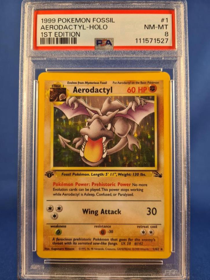 Aerodactyl 1/62 - Fossil (1st edition) (PSA 8), Hobby en Vrije tijd, Verzamelkaartspellen | Pokémon, Gebruikt, Verzenden