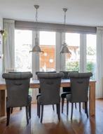 Set Eettafel steigerhout en 6 stoffen stoelen zwart, Ophalen, Gebruikt, 200 cm of meer, 50 tot 100 cm