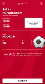 AJAX - VOLENDAM | 1 KAART | NOORD B | VAK 112 | RIJ 5, Tickets en Kaartjes, Seizoenskaart, Eén persoon