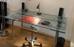 Tafel/bureau Glas en metaal, L160-220xBr.90xH.75cm+burostoel, Ophalen, 50 tot 100 cm, Vijf personen of meer, 150 tot 200 cm