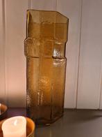 Vintage grote blokvaas, okergeel, iceglas, glas, Ophalen of Verzenden