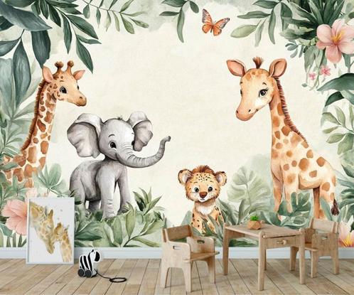 Fotobehang / Behang - Kinderkamer - Jungle Dieren Wereld, Huis en Inrichting, Stoffering | Behang, Wit, Groen, minder dan 10 m²