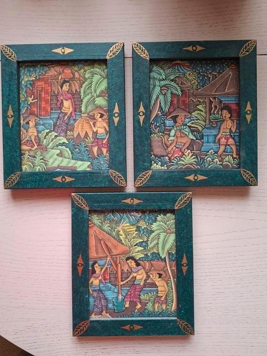 3x Balinese schilderijtjes op canvas/ingelijst/jaren '60, Antiek en Kunst, Kunst | Niet-Westerse kunst, Ophalen of Verzenden