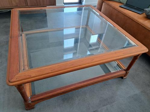 Design salontafel 115x115 cm massief kersenhout en glas, Huis en Inrichting, Tafels | Salontafels, Gebruikt, Minder dan 50 cm