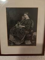 Antieke prent: Vrouw met katten, Antiek en Kunst, Ophalen of Verzenden