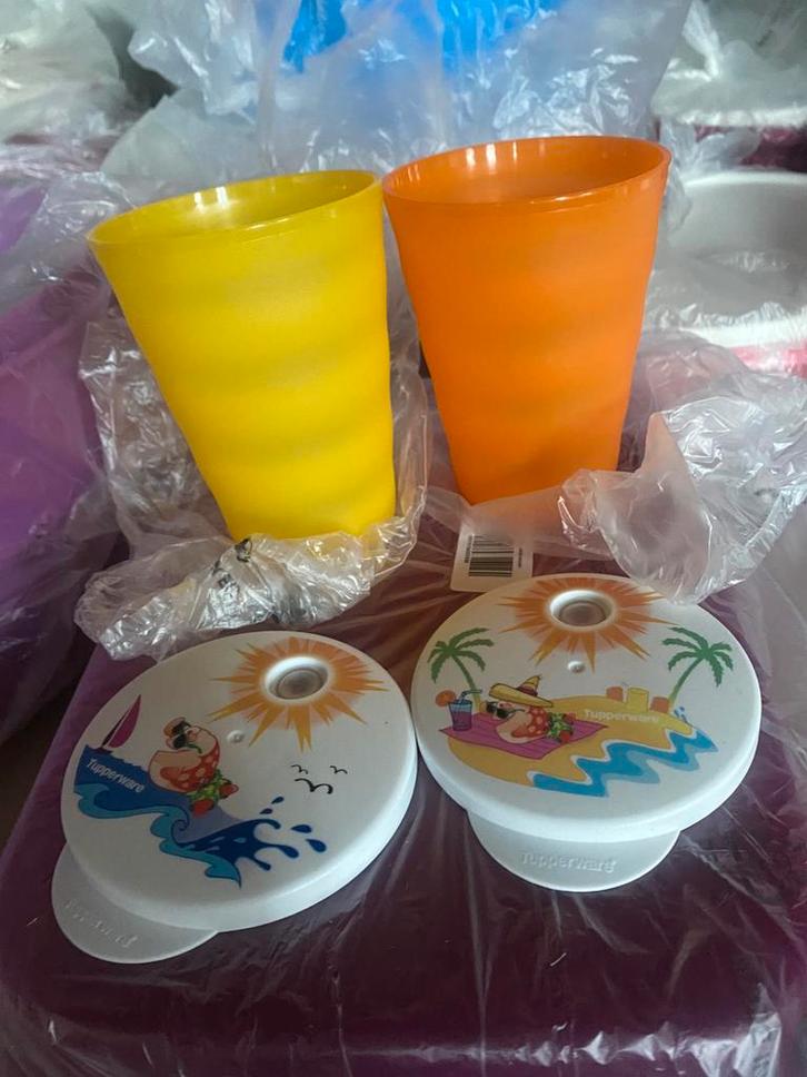 Tupperware Rietjesbekers met zomerse afbeelding, Verzamelen, Glas en Borrelglaasjes, Nieuw, Overige typen, Ophalen of Verzenden