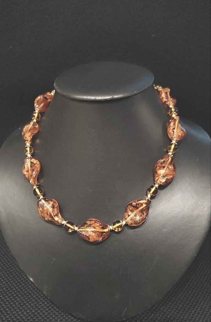 Vintage murano glazen met bladgoud honingkleur kralen, Sieraden, Tassen en Uiterlijk, Kettingen, Zo goed als nieuw, Steen of Mineraal