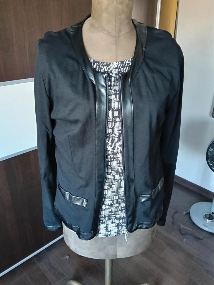 Zwart Jasje met Leerlook Details - Juffrouw Jansen XXL, Kleding | Dames, Jasjes, Kostuums en Pakken, Gedragen, Jasje, Maat 46/48 (XL) of groter