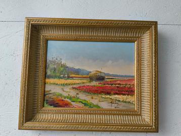 Hans de Jong olieverf op paneel bollenvelden  beschikbaar voor biedingen