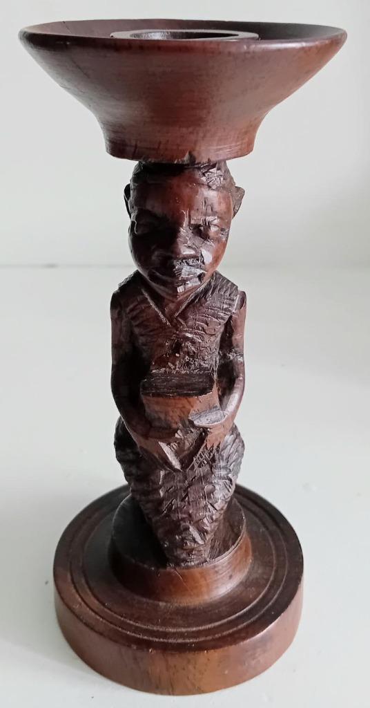 Antiek mahonie houten beeldje kaarsenkandelaar, Antiek en Kunst, Antiek | Kandelaars, Overige materialen, Ophalen of Verzenden