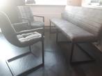 2 antraciet leren Industriele stoelen en bankje stalen frame, Ophalen, Twee, Zo goed als nieuw, Metaal