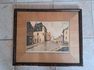 Oude Stadsgezicht Litho Ingelijst beschikbaar voor biedingen
