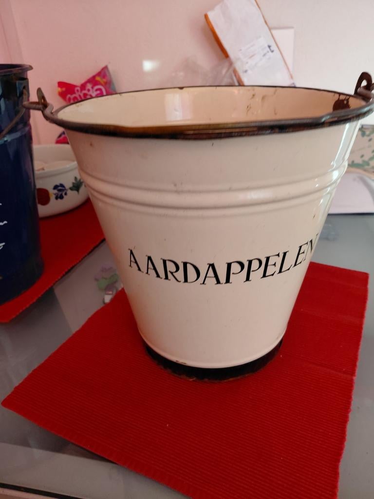Vintage emaille emmer met opschrift "AARDAPPELEN", Ophalen