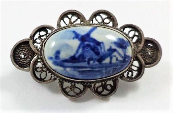 Antieke broche - Delfts Blauw - B. van Tiggelen (7266-3520), Sieraden, Tassen en Uiterlijk, Antieke sieraden, Ophalen, Zilver
