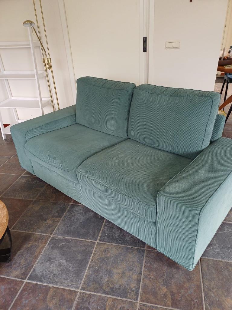 Groene ribstof 2-zits bank – nette staat, Ophalen, 150 tot 200 cm, Tweepersoons, 75 tot 100 cm