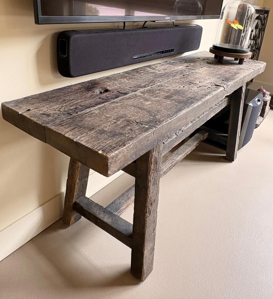 Uniek, stoere salontafel gemaakt van dikke oude wagonplanken, Ophalen, 100 tot 150 cm, 50 tot 100 cm, Zo goed als nieuw