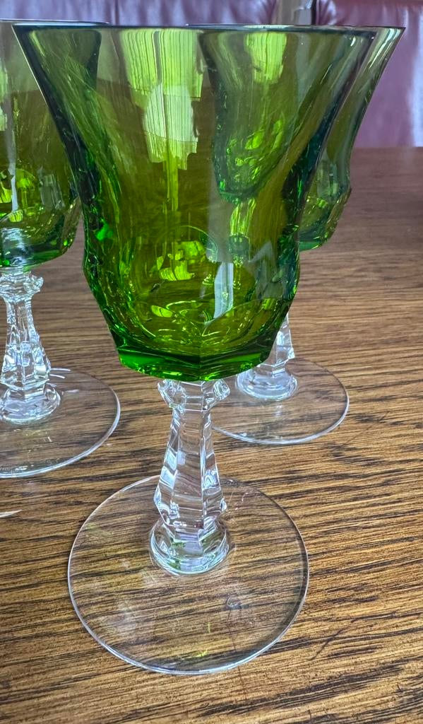 Val St Lambert 6 smaragdgroen kristallen glazen groene kelk, Ophalen of Verzenden, Zo goed als nieuw, Kristal