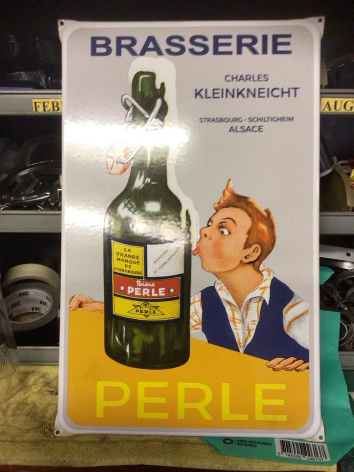 Emaille reclamebord Brasserie Perle - Vintage bierdecoratie, Antiek en Kunst, Antiek | Emaille, Ophalen of Verzenden