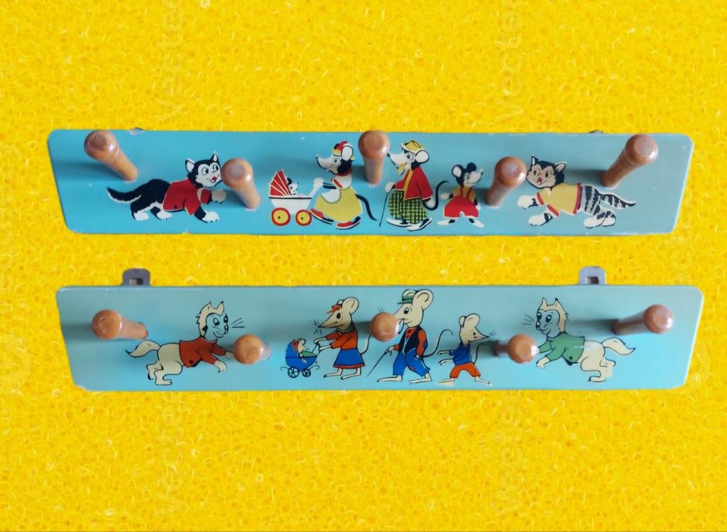 2x houten kinderkapstok kat & muis jaren 50 vintage, Ophalen of Verzenden