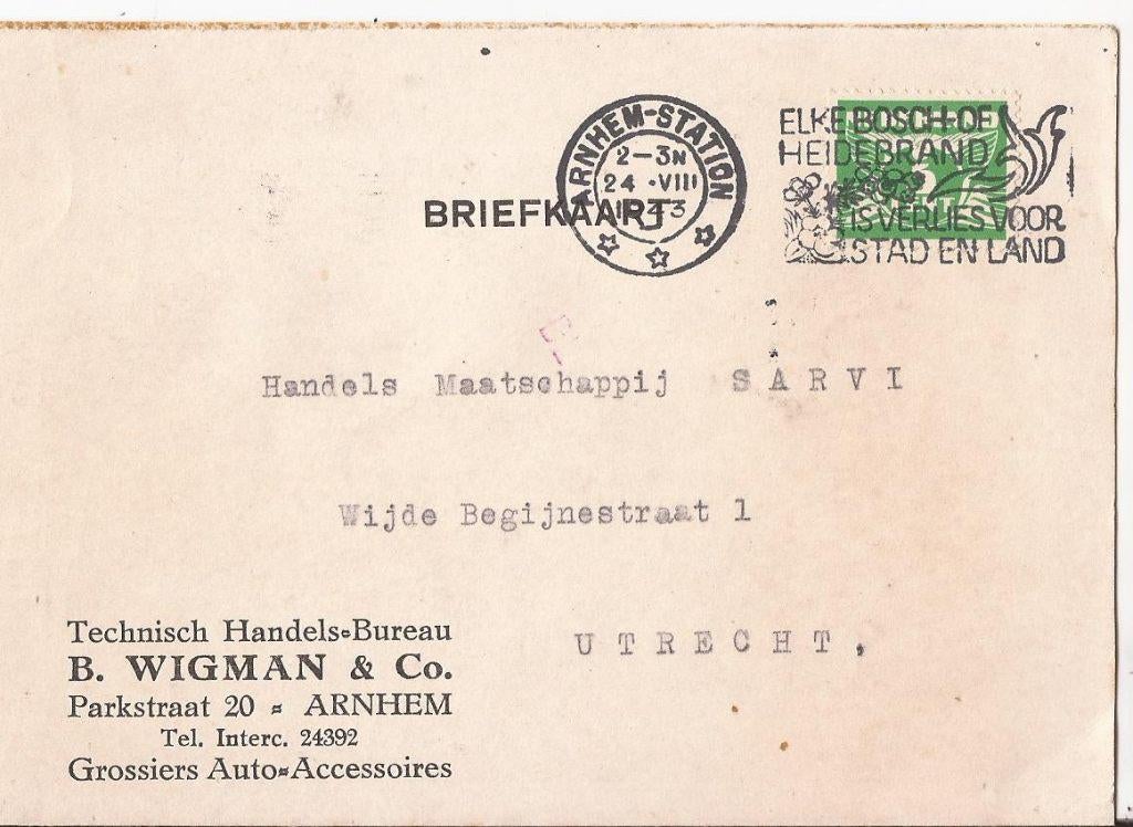 ARNHEM 1943 B. WIGMAN en Co Parkstr. 20 bestelt 20 sets, Verzenden, 1940 tot 1960, Gelopen, Gelderland