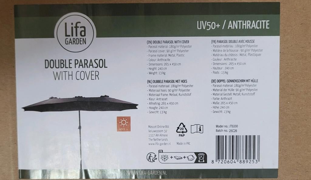 Nieuwe Dubbele Parasol met Hoes - Antraciet, Tuin en Terras, Parasols, Ophalen, Nieuw, 2 tot 3 meter, Overige typen