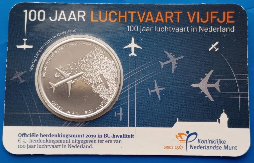 Luchtvaart Vijfje 2019 BU-kwaliteit in coincard, Verzenden, Koningin Beatrix, Euro's, Setje